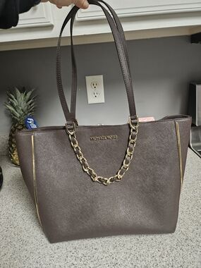 Michael Kors Brown Tote Bag with Gold Chain Accent